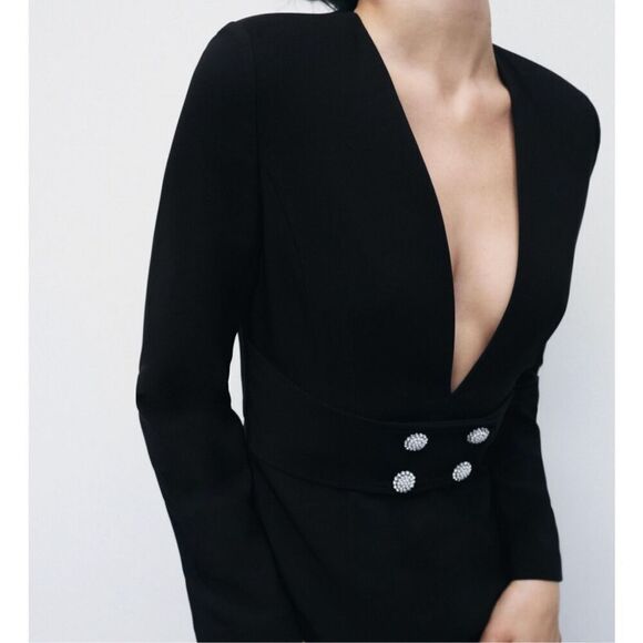 Zara Black Long Sleeve V Neck Belted Mini Dress Size Medium - Picture 5 of 12